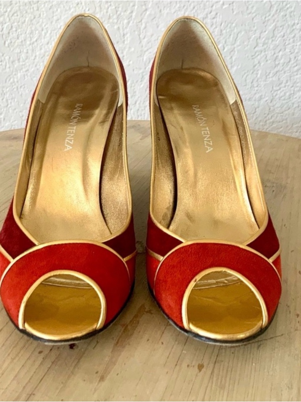 Ramon Tenza Red Suede Peep-Toe Wedge Pumps with Gold Trim
